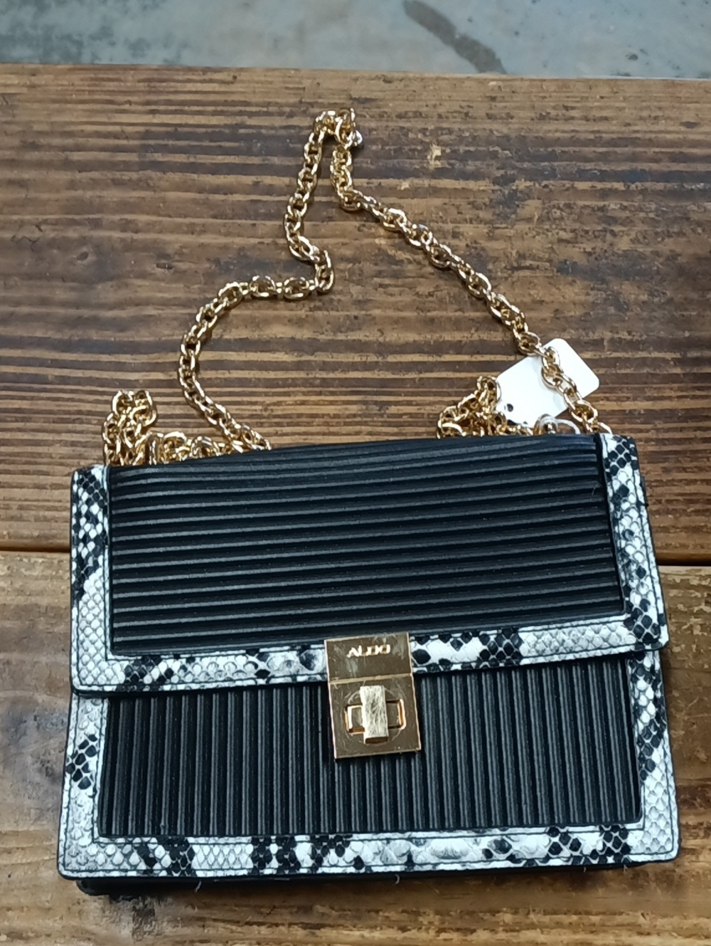 Aldo Black with White Snake-Print Chain Crossbody
